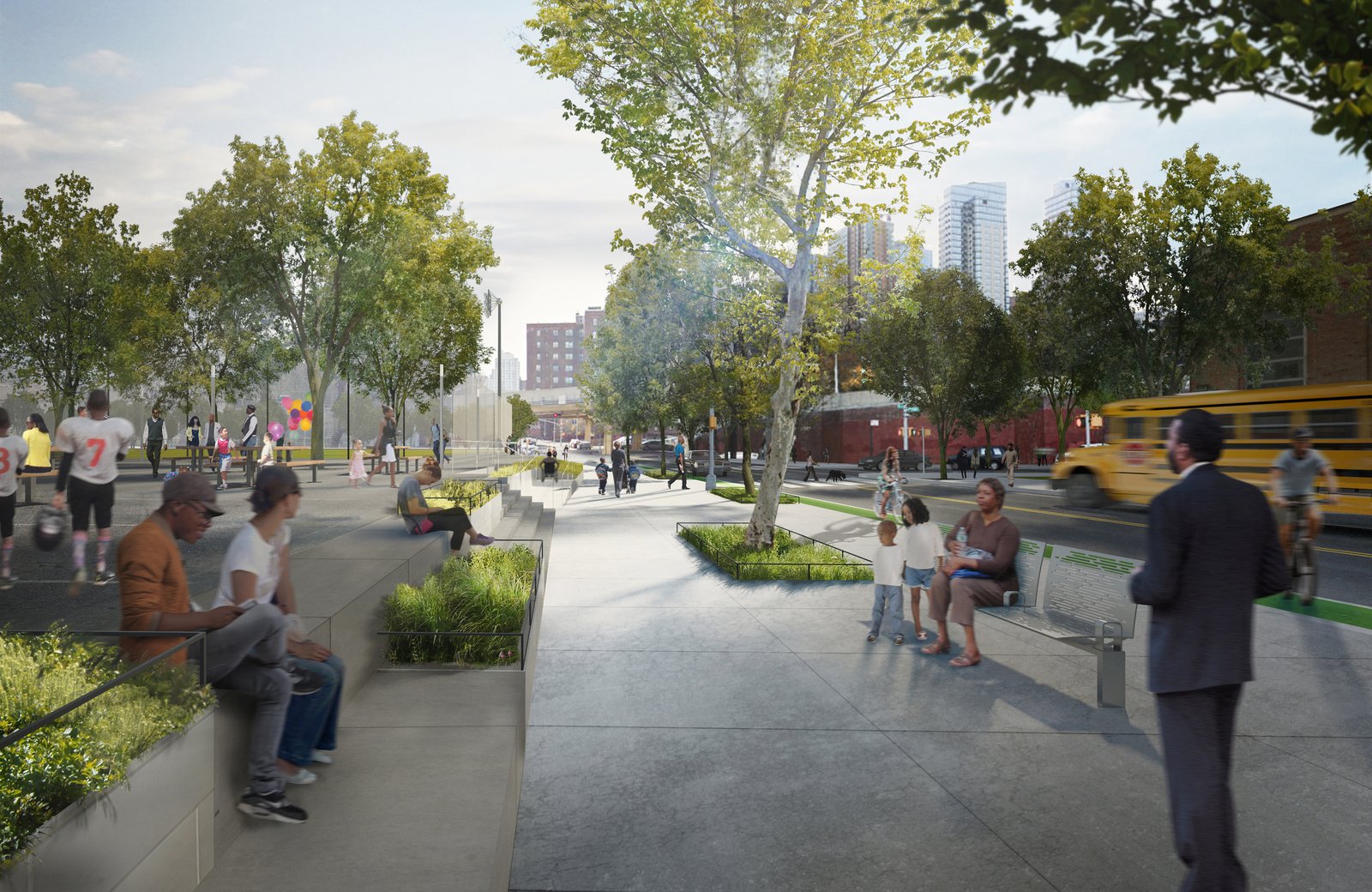 A public walkway with benches and spaces for gathering, surrounded by trees and urban activity.