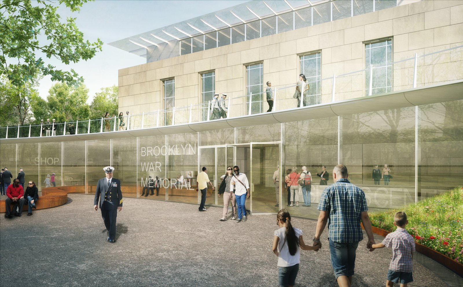 A rendering of Brooklyn War Memorial entrance with visitors and a landscaped plaza.