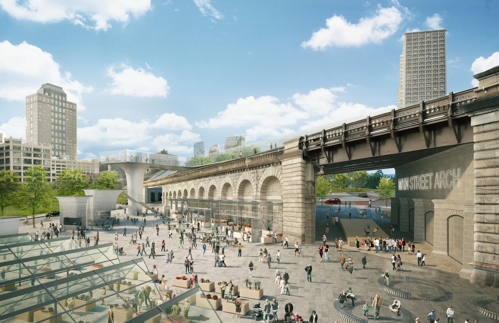 A bustling public market under the Main Street Arch near the Brooklyn waterfront.