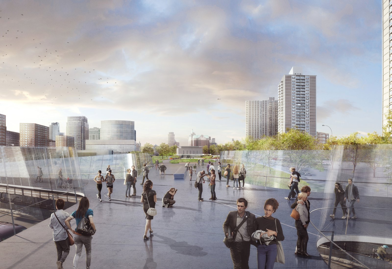 Modern plaza providing access to the waterfront and Brooklyn’s bridges.