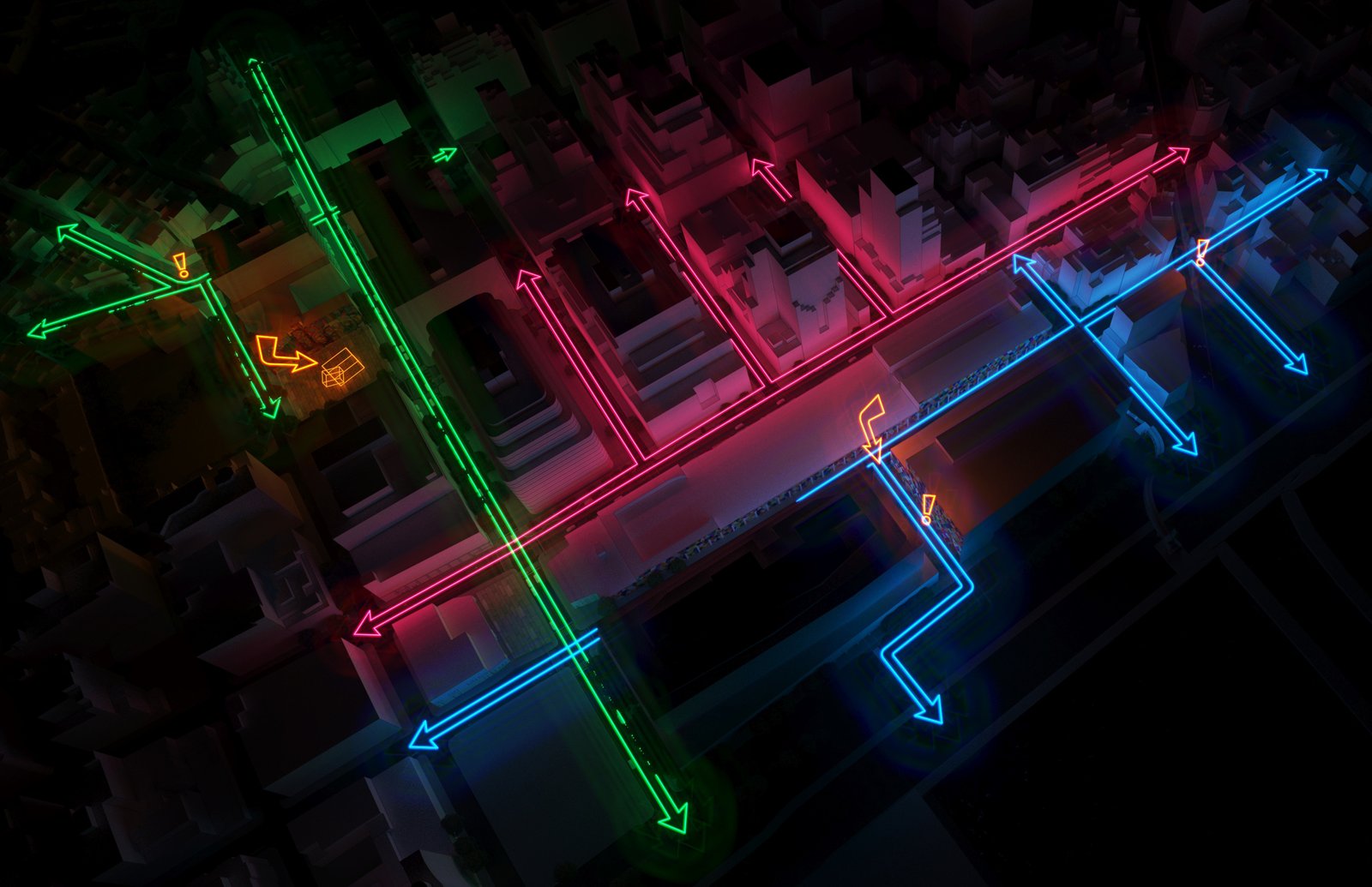 Colorful neon arrows overlay a nighttime city map, highlighting movement paths.