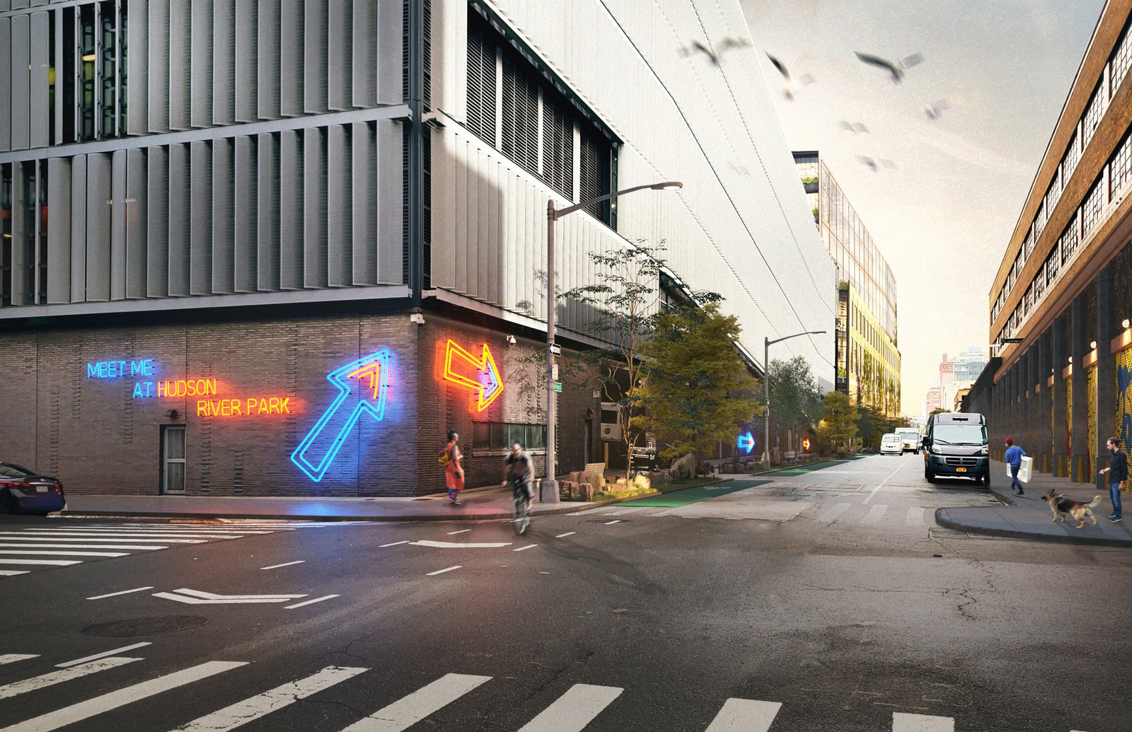 Street corner with neon arrows and "Meet me at Hudson River Park" sign.