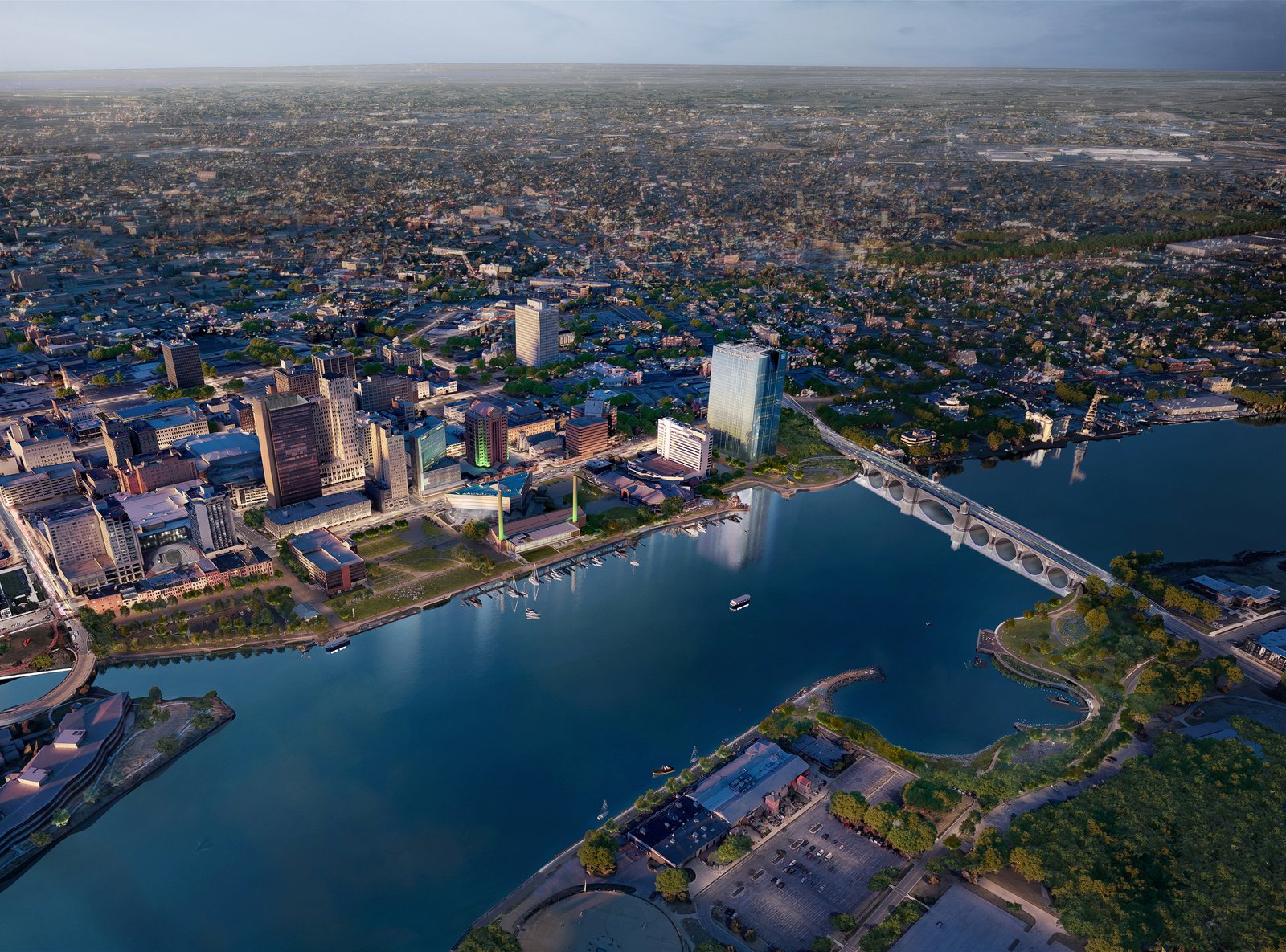 Aerial view of the Glass City Riverwalk with bridges and riverfront park elements.