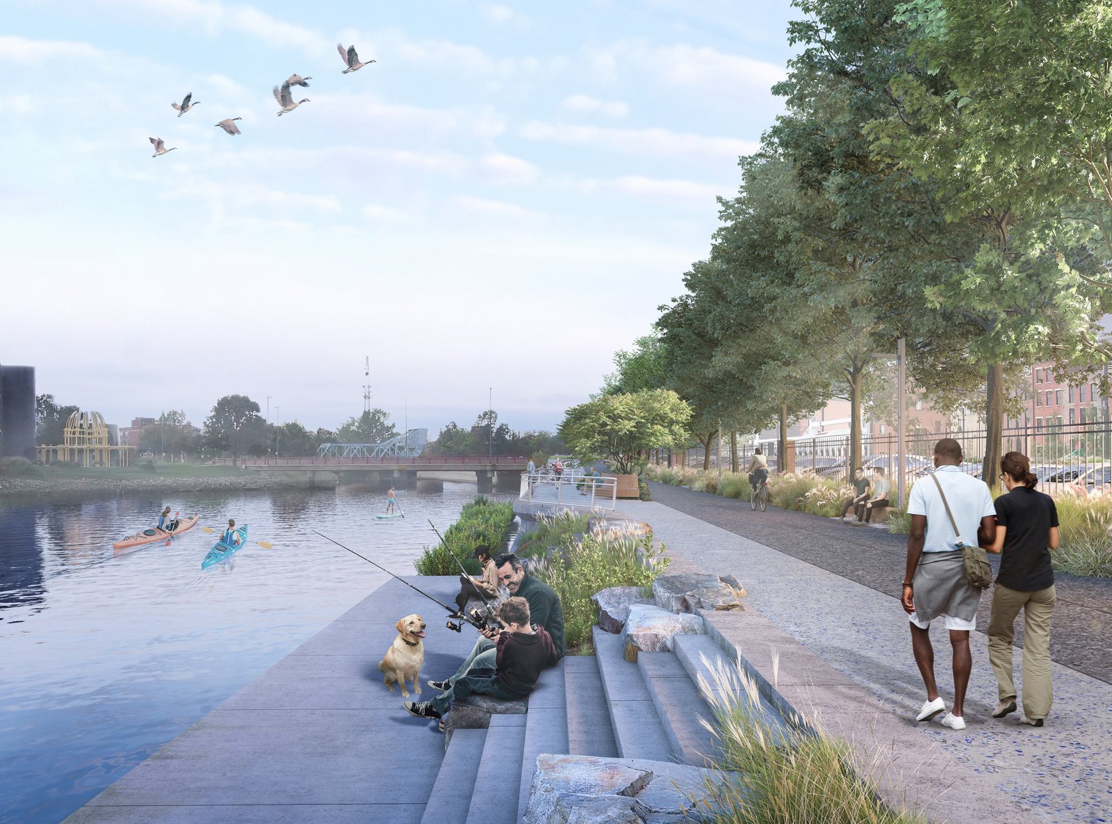 View of waterfront with people walking, fishing, and kayaking along the water.