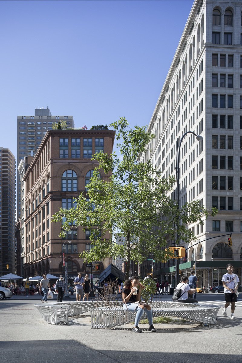 Urban plaza with a tree, curved bench, and people walking or sitting near historic and modern buildings.