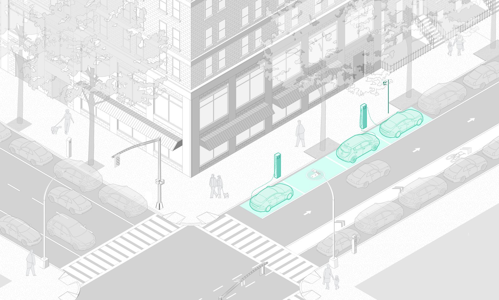 A rendering of curbside EV charging stations with parallel-parked cars along a city street.