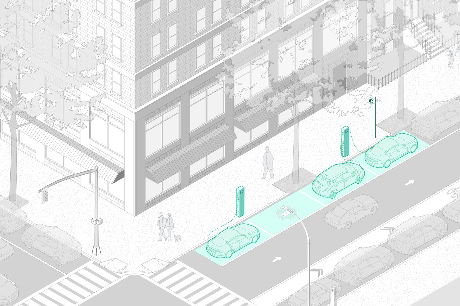 A rendering of curbside EV charging stations with parallel-parked cars along a city street.