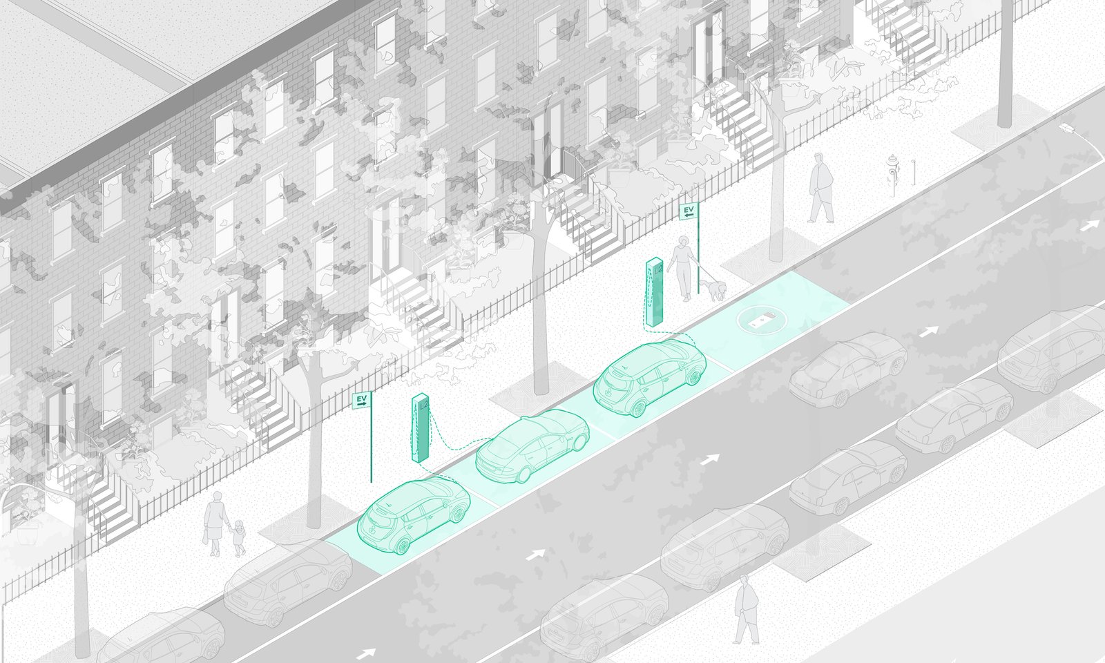 Rendering of mid-block curbside EV charging stations with cars parked parallel to the curb.