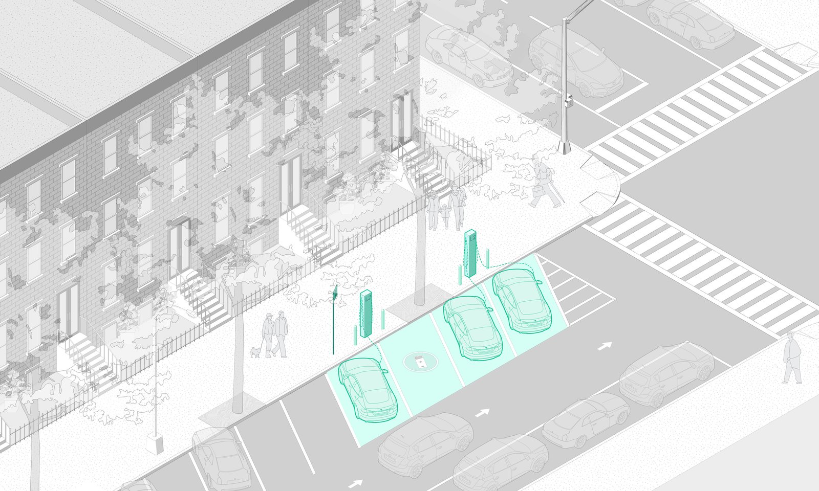 Rendering of residential curbside EV charging stations with cars parked at an angled orientation.