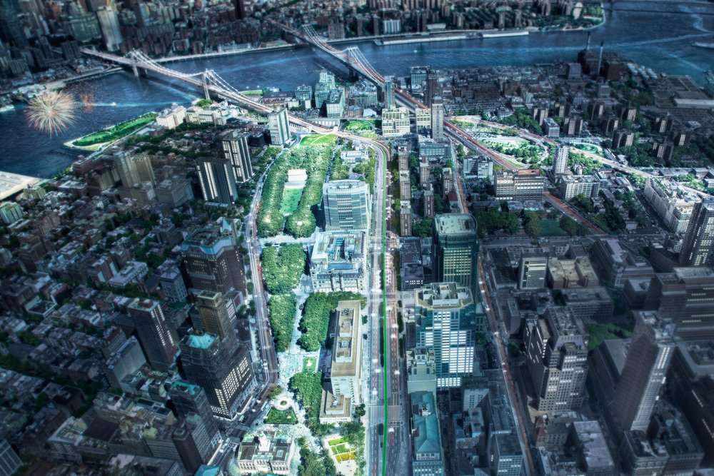 Aerial view of Brooklyn with bridges, green spaces, and urban architecture highlighted.