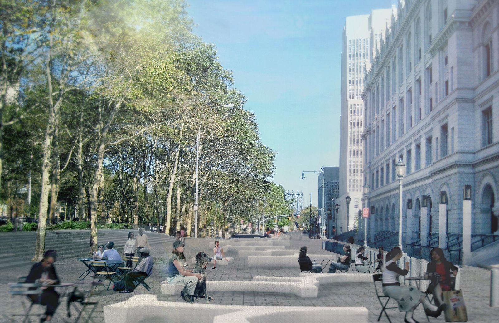 Outdoor seating area with benches, tables, and tree-lined surroundings.