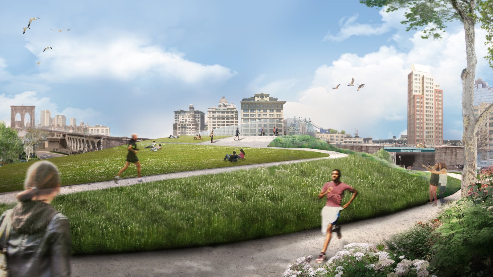 Park with open green space, pathways, and views of the Brooklyn Bridge and city skyline.