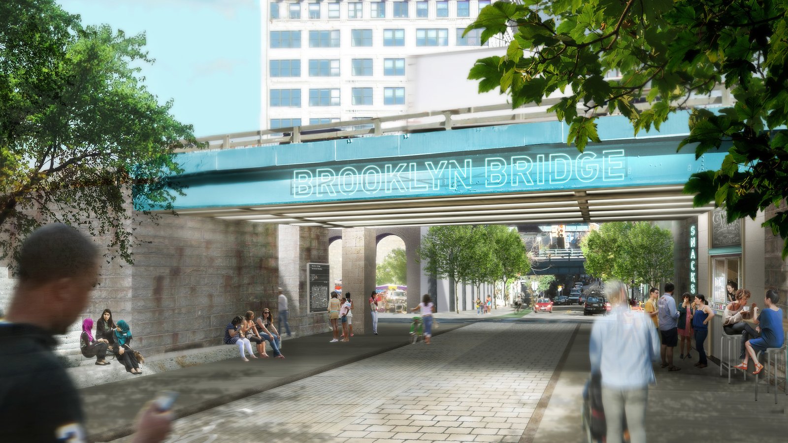 Pathway under Brooklyn Bridge with seating, greenery, and pedestrian activity.