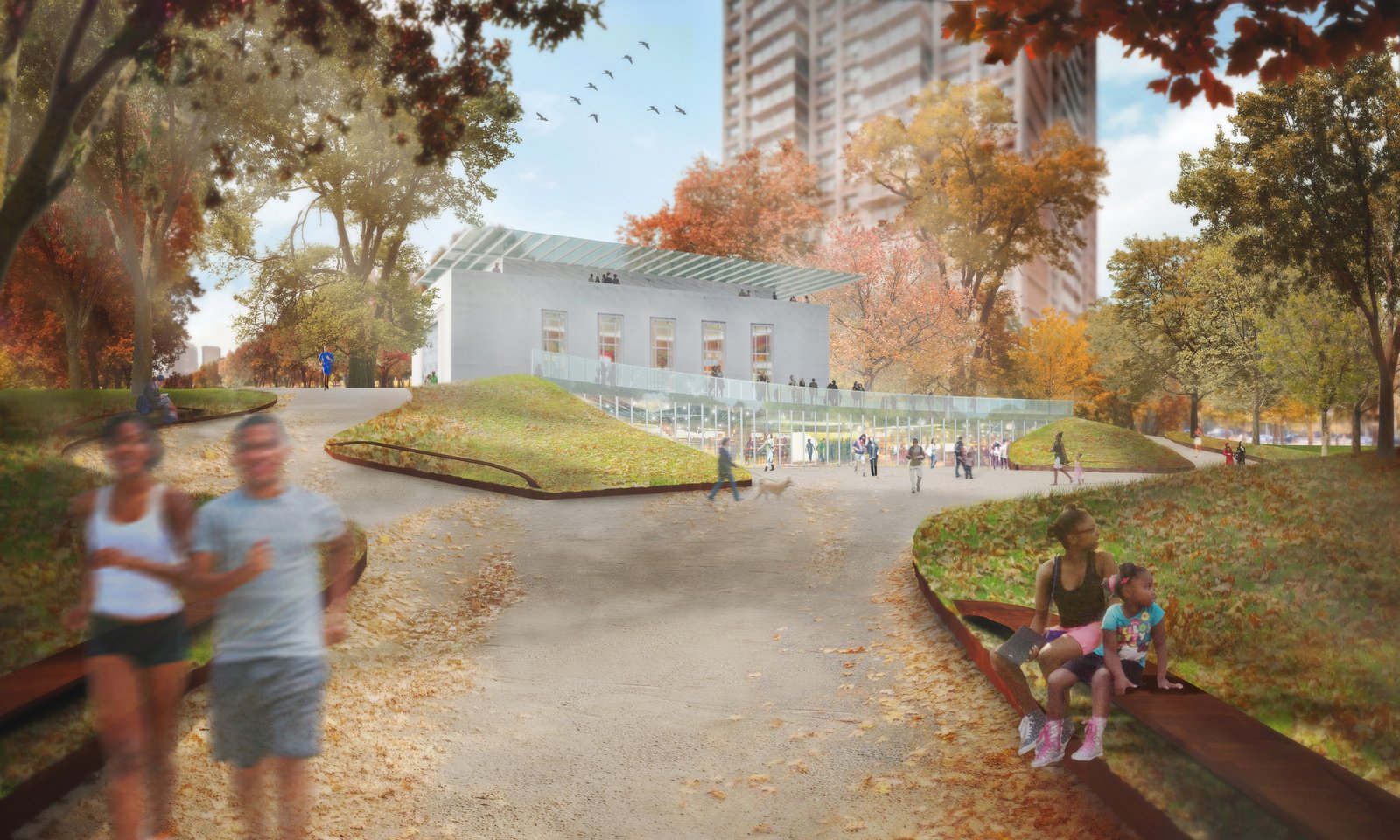 Autumn scene at Cadman Plaza North with pathways, seating, and a community building.