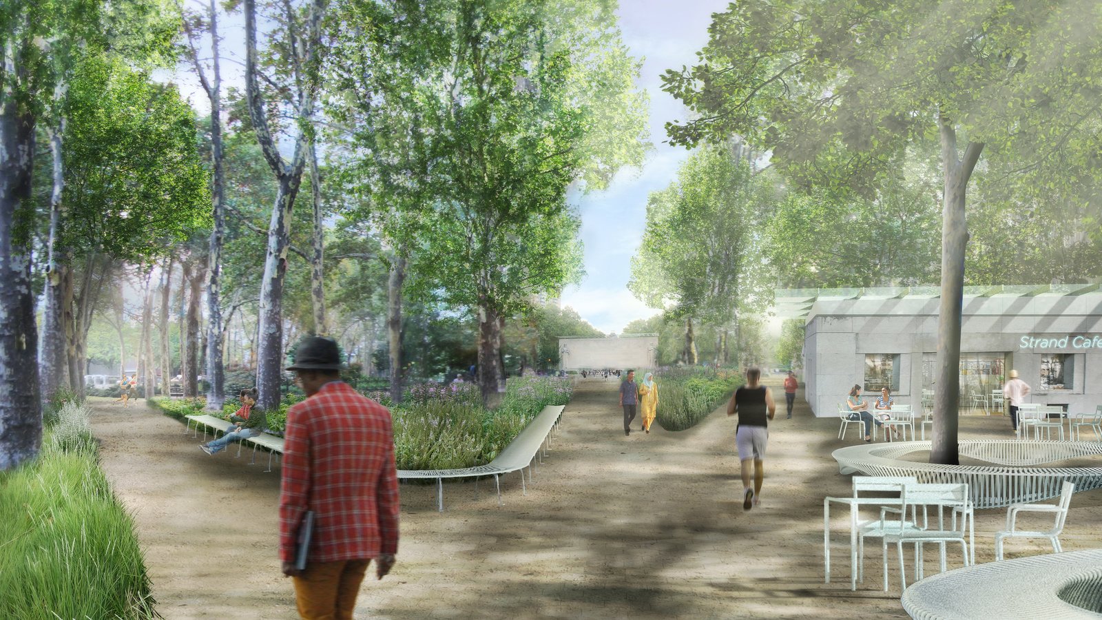 Tree-lined path with benches and outdoor seating at Cadman Plaza South near a café.