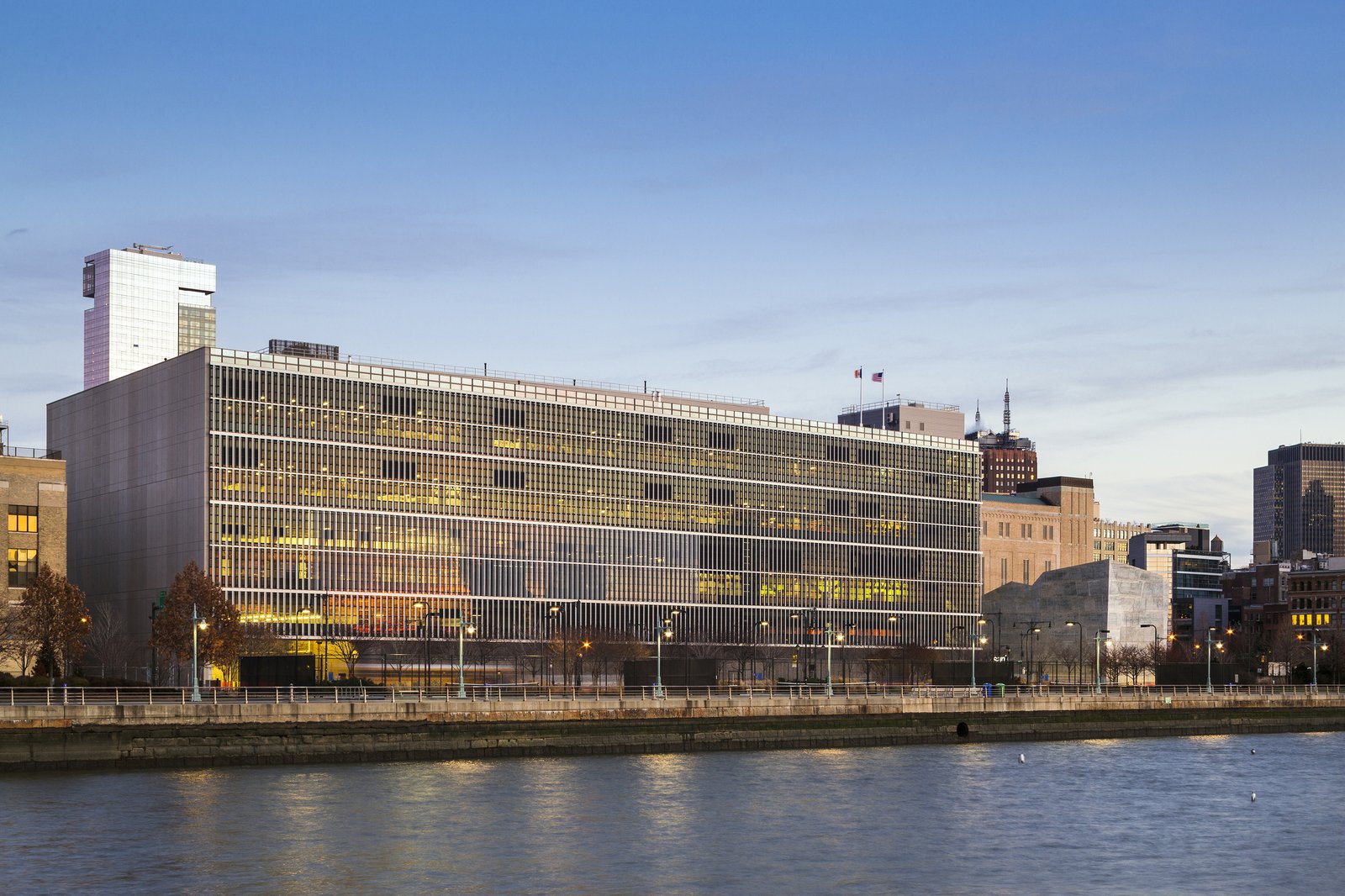 Daytime view of DSNY garage and Salt Shed from the Hudson River.