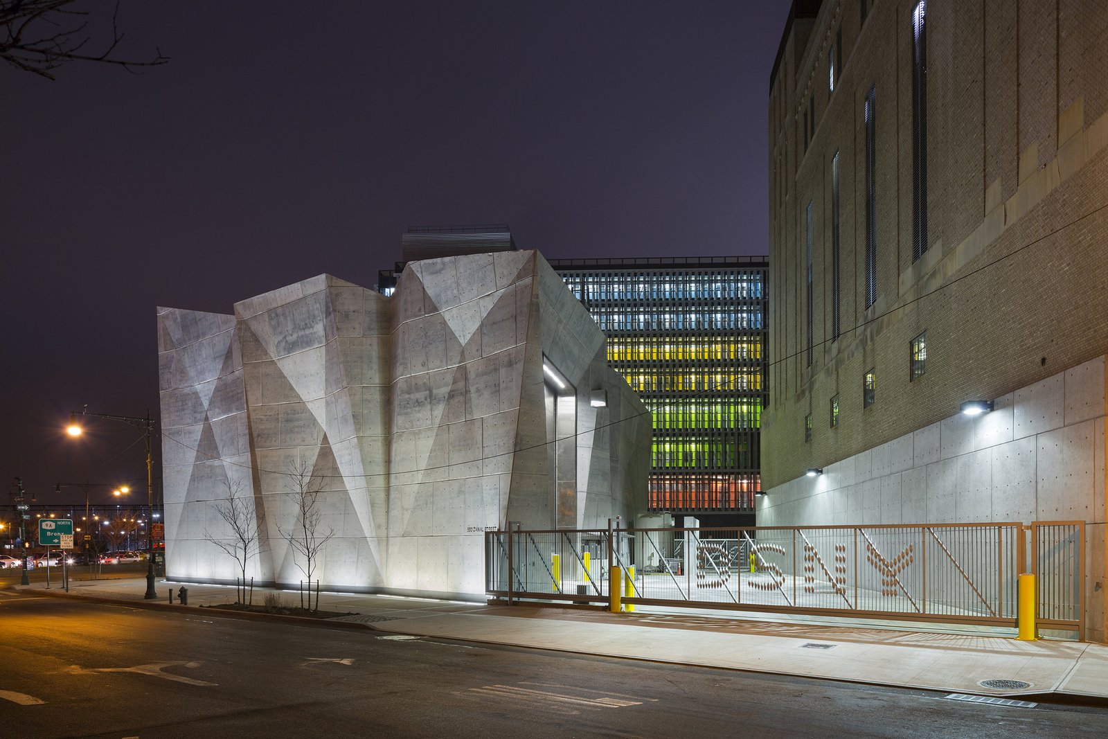 Night view of DSNY Salt Shed and garage.