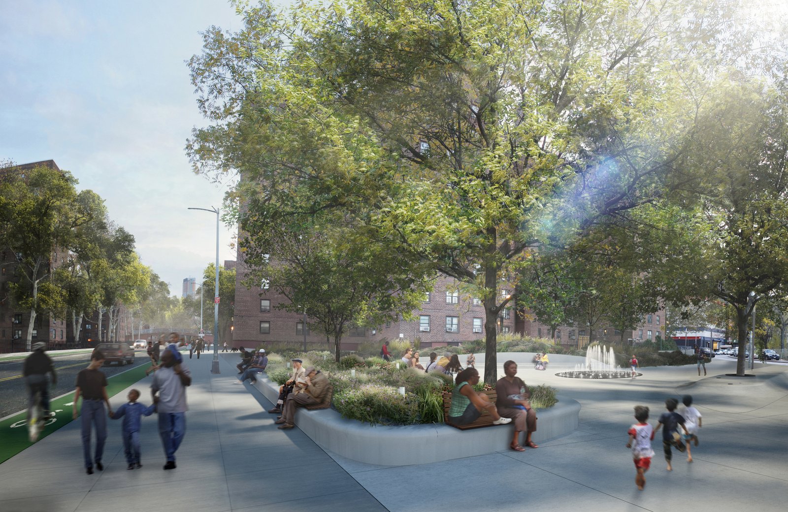 Park with seating, trees, and a fountain serving as a gathering and connection space.