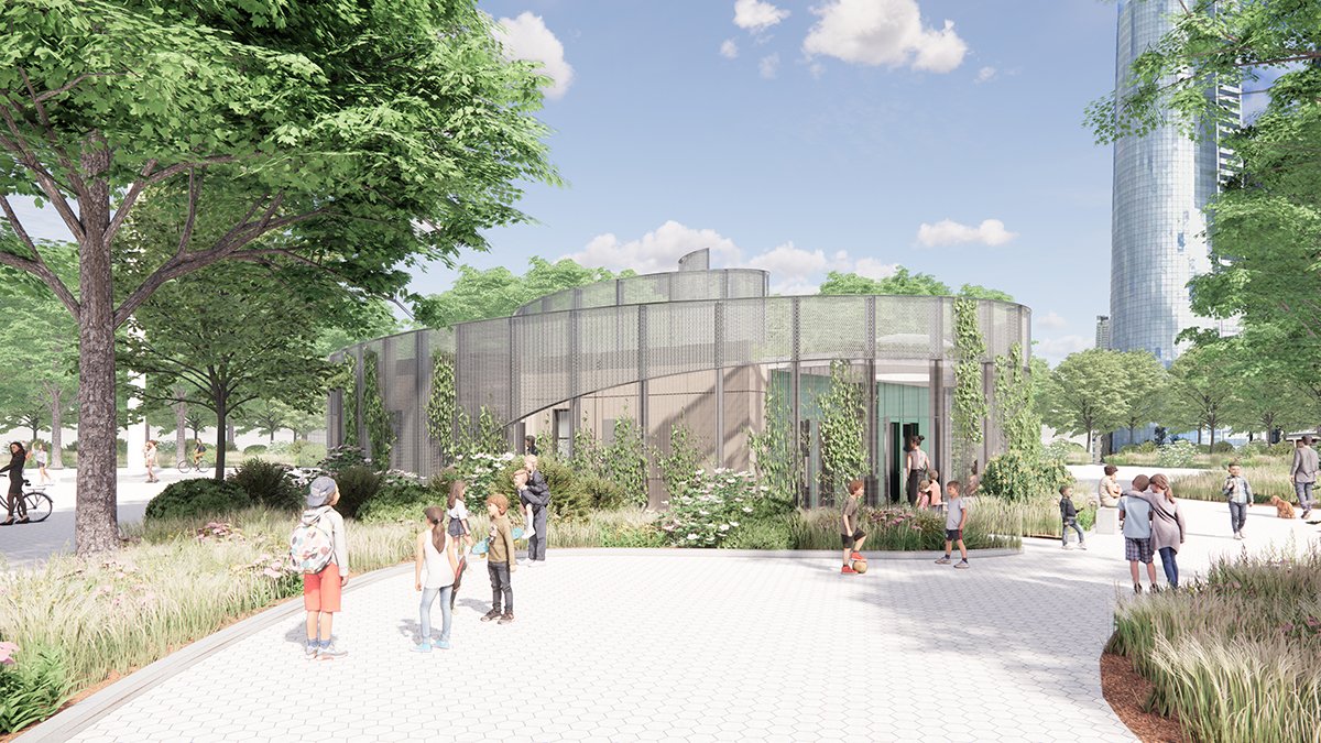 The Field House at The Battery offers a new gateway to play and exploration, with a curved, vine-covered form that blends into the surrounding landscape.