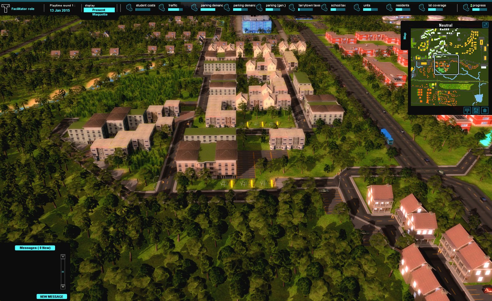 A simulation of a mixed-use residential area with buildings, green spaces, and roadways.