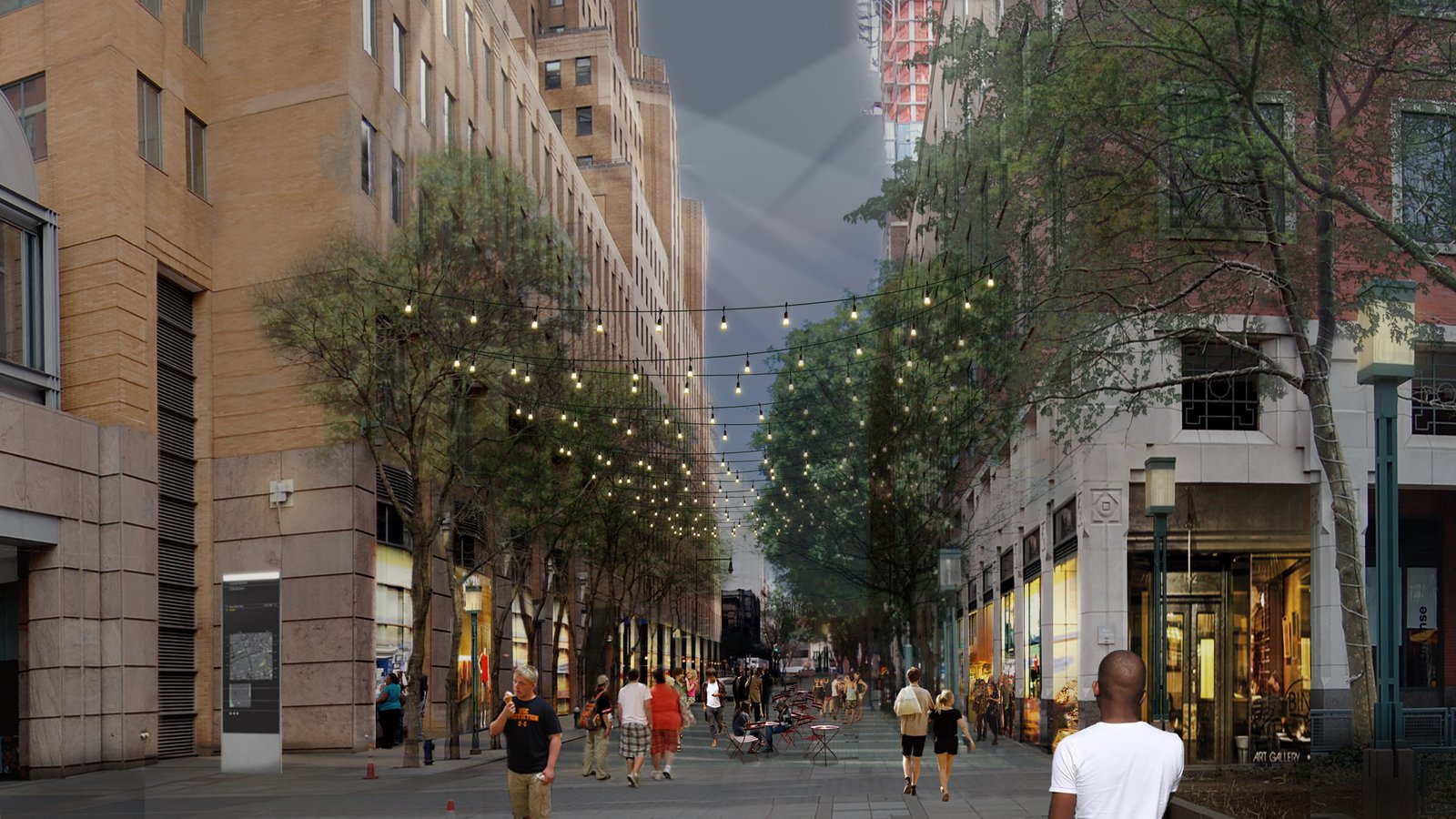 Rendering of a pedestrian street with string lights, trees, and active storefronts.