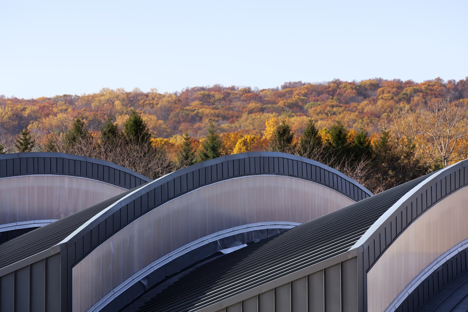 Curved metal roofs with translucent panels contrast against a backdrop of autumn foliage.