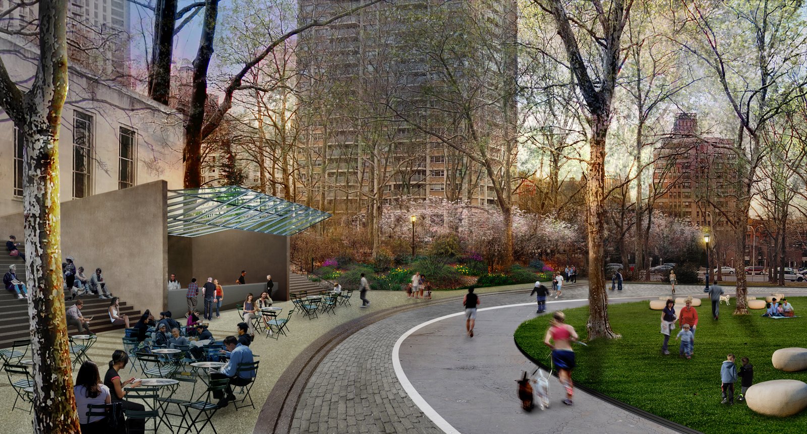 Rendering of a park with a café, seating, pathways, and people enjoying green spaces.