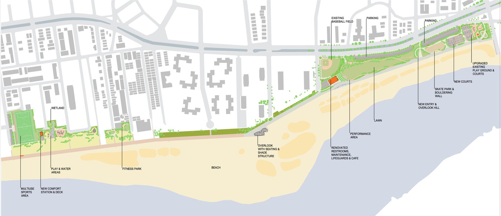 A site plan of Far Rockaway Park showing play areas, comfort stations, wetlands, and performance spaces.