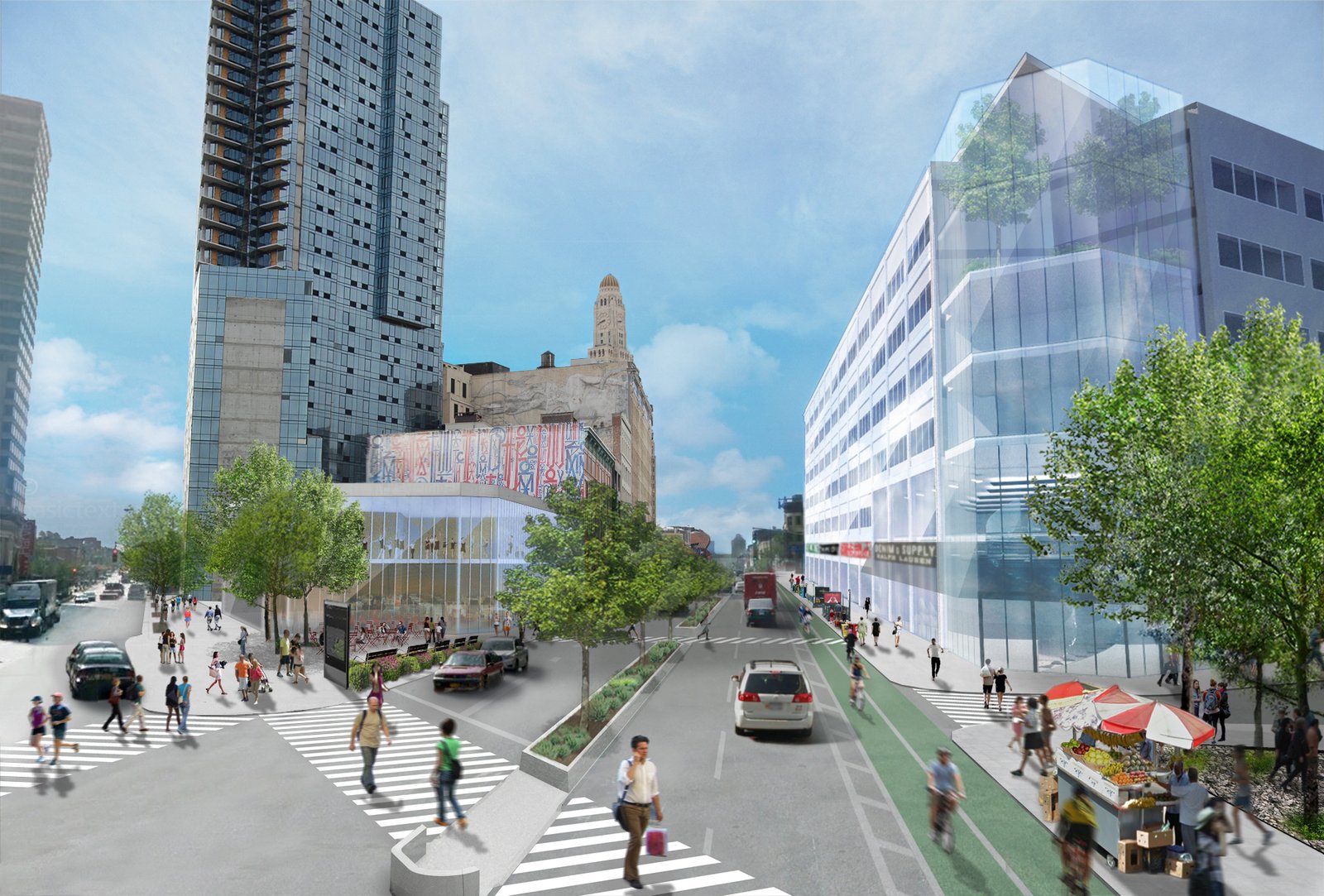 Street-level view of a bustling urban area with pedestrians, cyclists, and modern buildings.