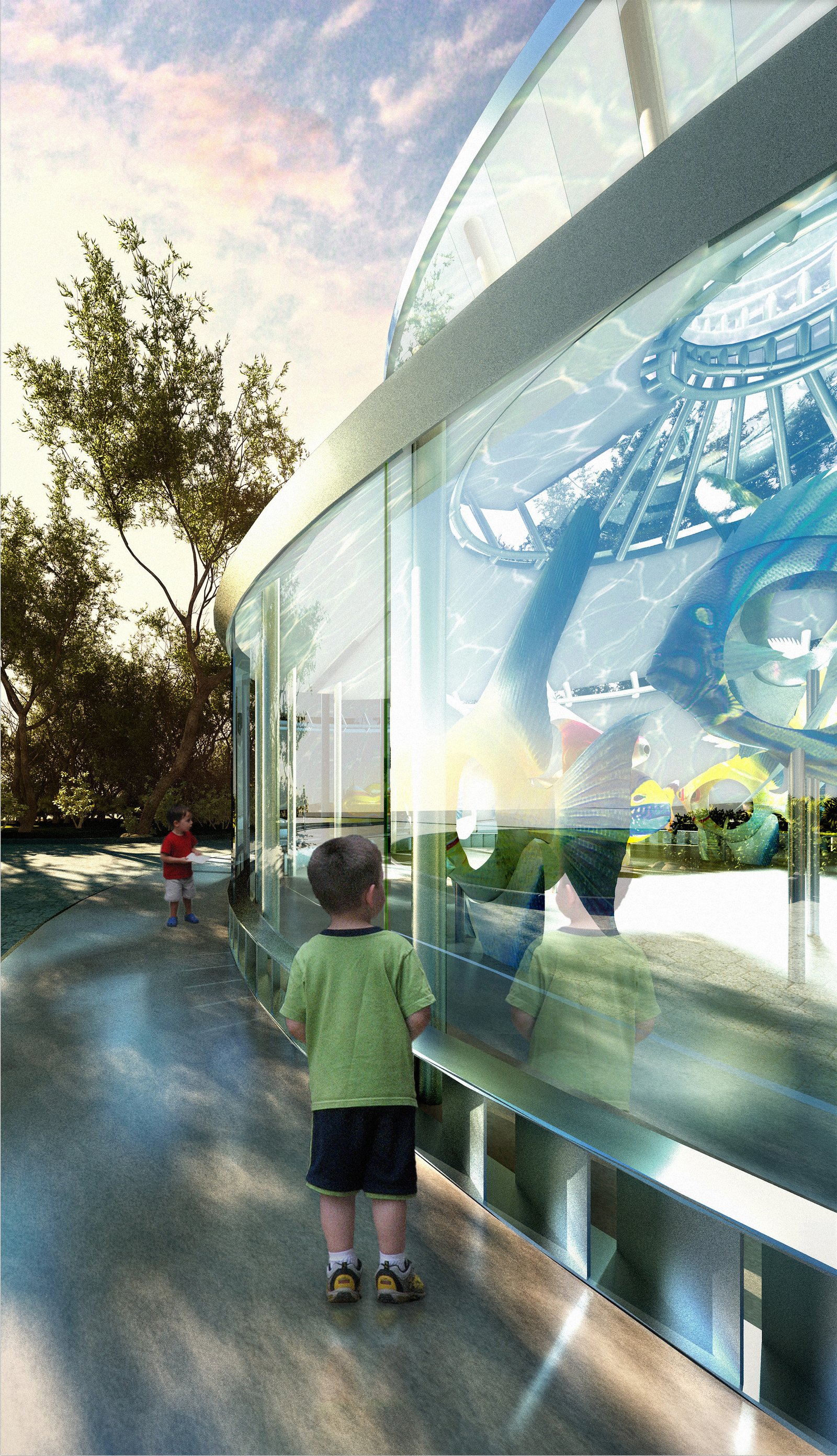 Children look through glass at vibrant fish sculptures inside the SeaGlass Carousel.