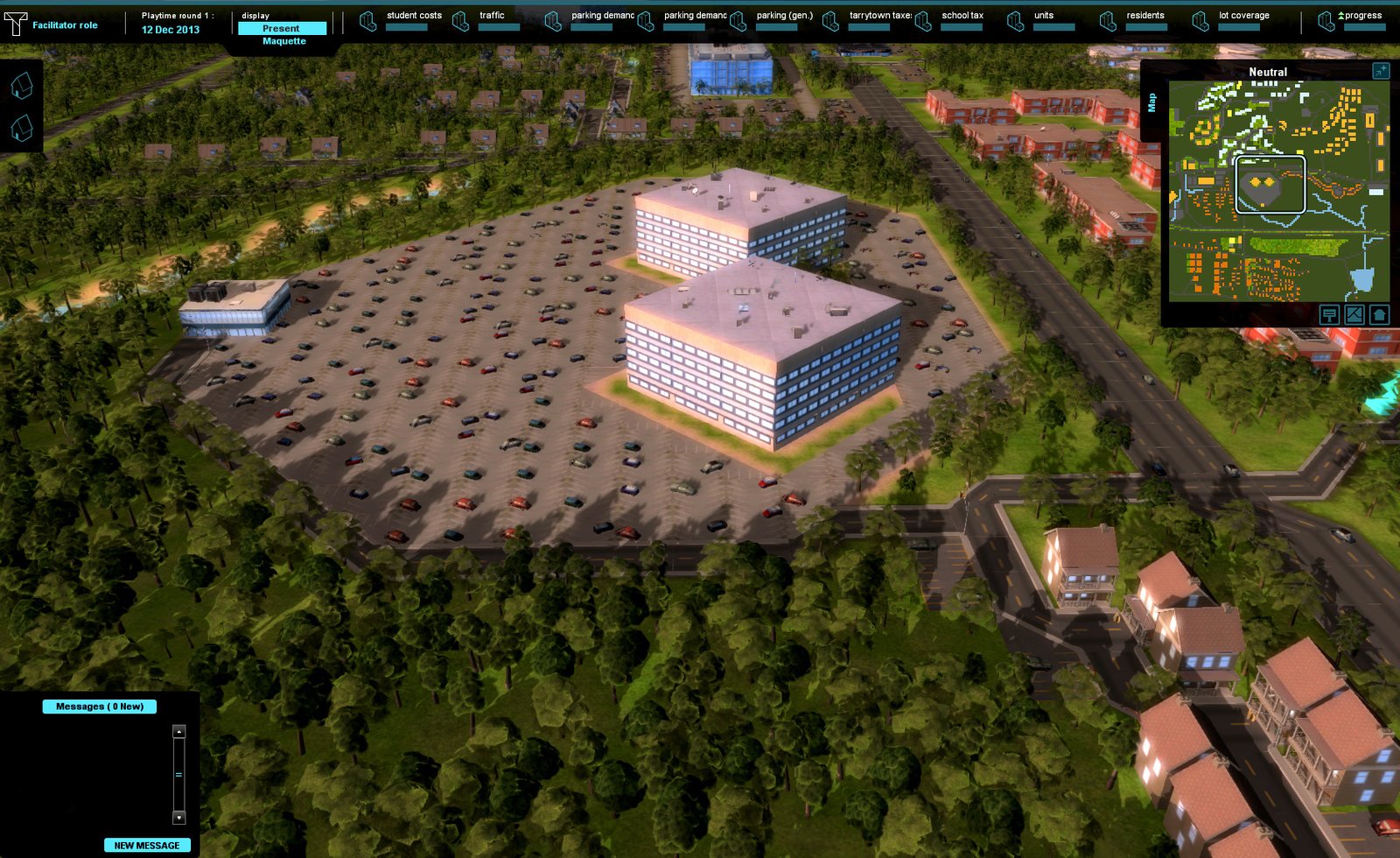 A simulation of two office buildings with a large parking lot surrounded by trees and roads.