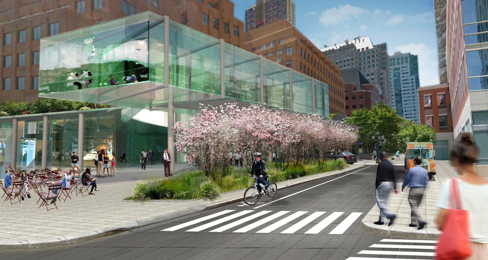 Rendering of a modern glass building with a café, crosswalk, and landscaped pathway.