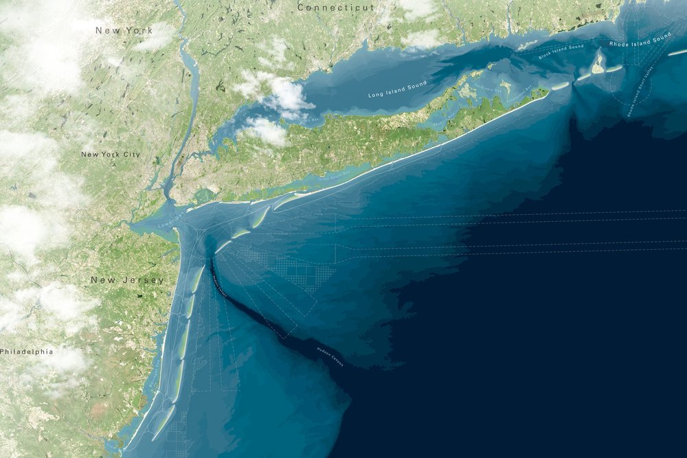 Map showing the New York and New Jersey coastlines with proposed offshore barrier islands.