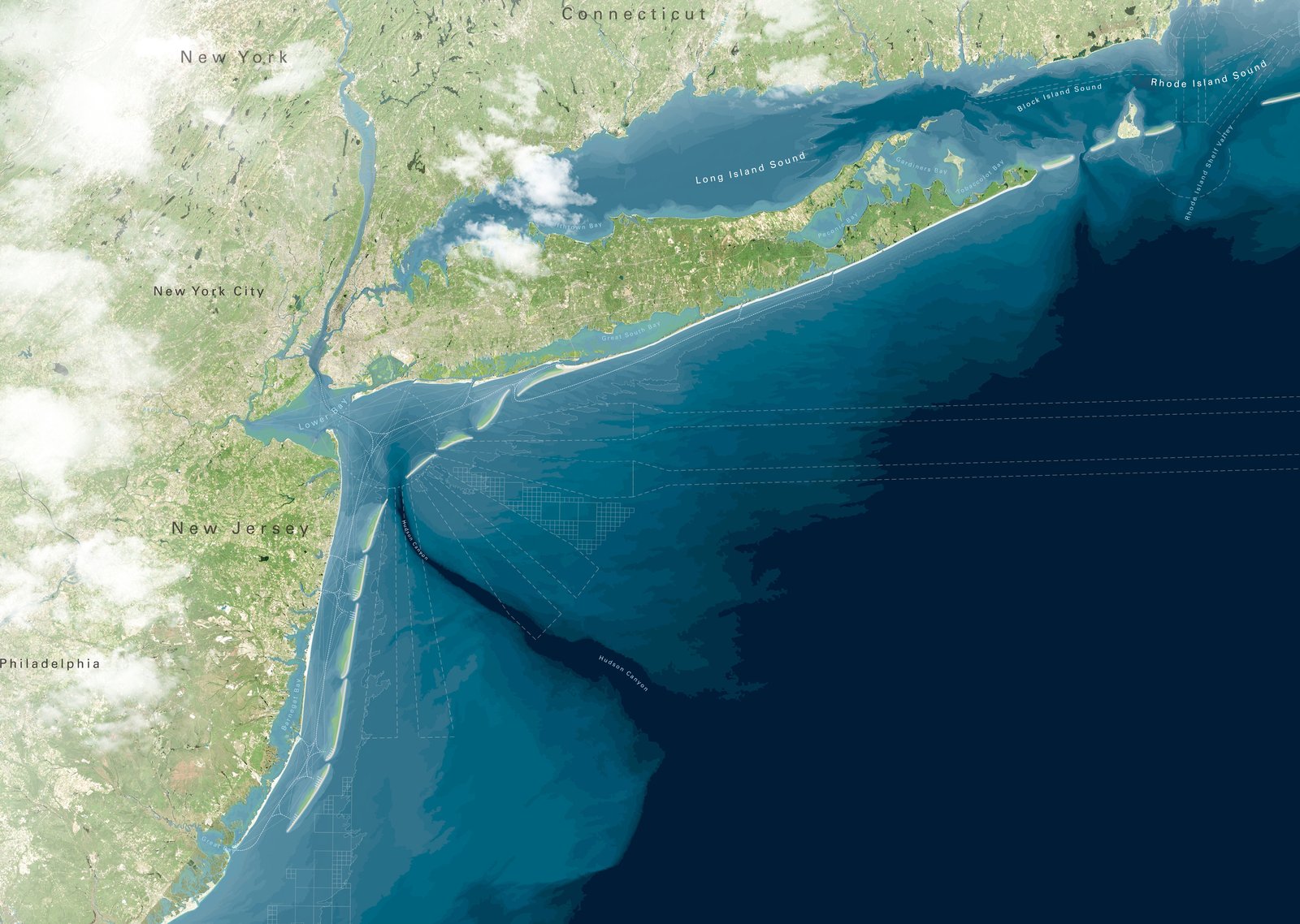 Map showing the New York and New Jersey coastlines with proposed offshore barrier islands.