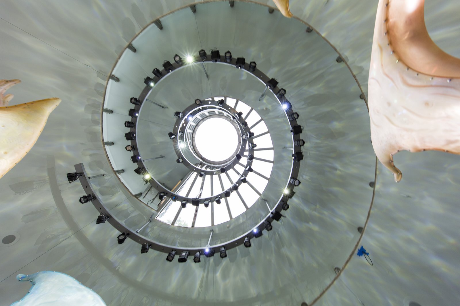 Interior spiral view of SeaGlass Carousel ceiling with lighting fixtures.