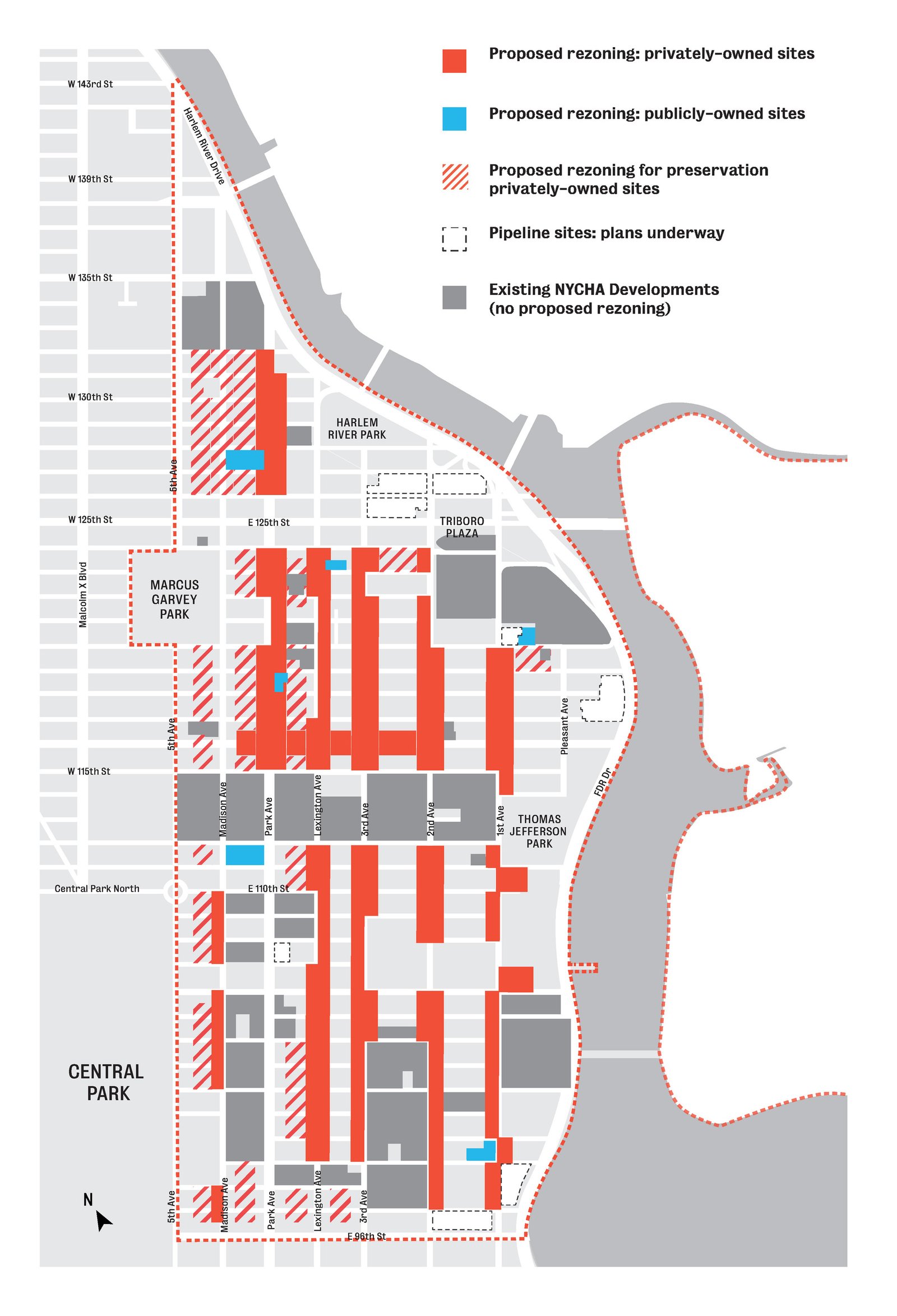 Map showing proposed rezoning areas in East Harlem, highlighting public and private sites.