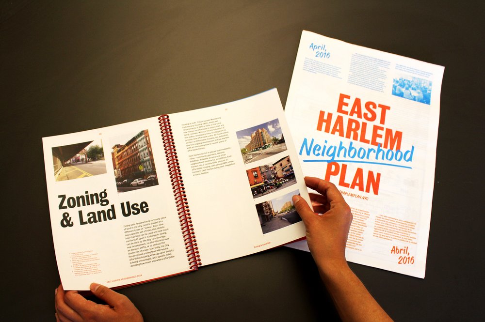 Hands holding East Harlem Neighborhood Plan and zoning document.