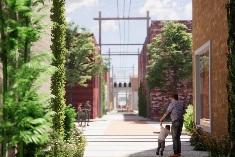 Father and child walk through a vibrant pedestrian alleyway lined with greenery.