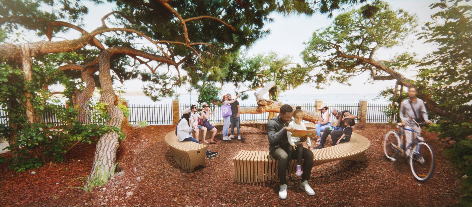 urved wooden bench under tree canopy with people sitting and a cyclist nearby.