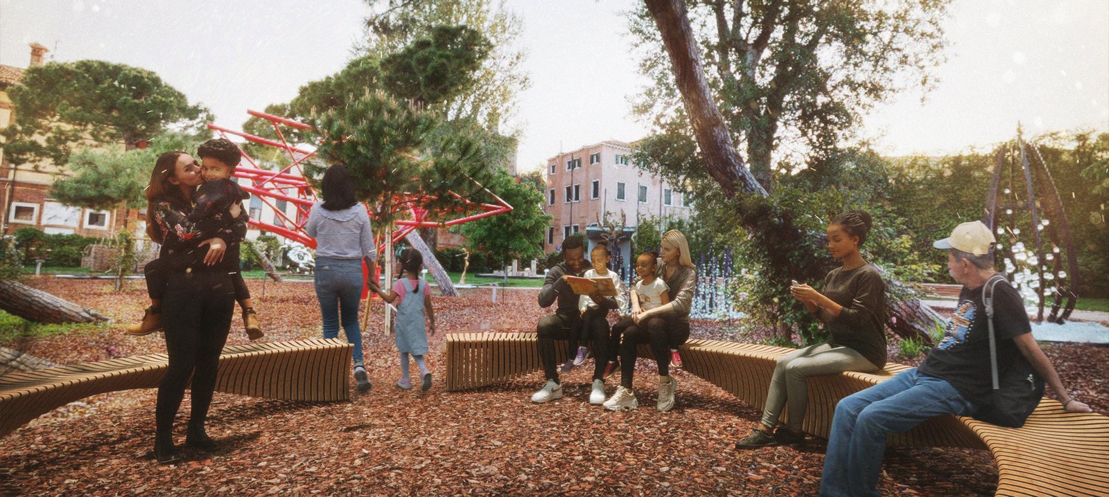 People sitting and interacting on a curved wooden bench under a tree canopy.