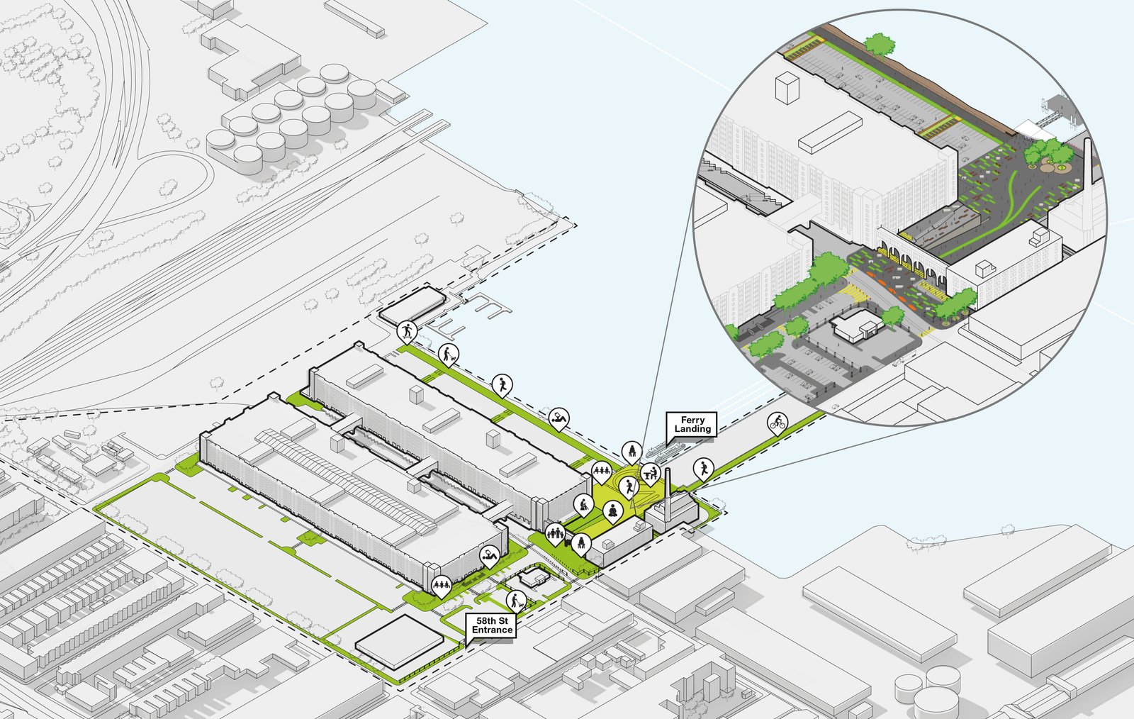 Diagram showing pedestrian paths and greenery in a waterfront complex with a zoomed section.