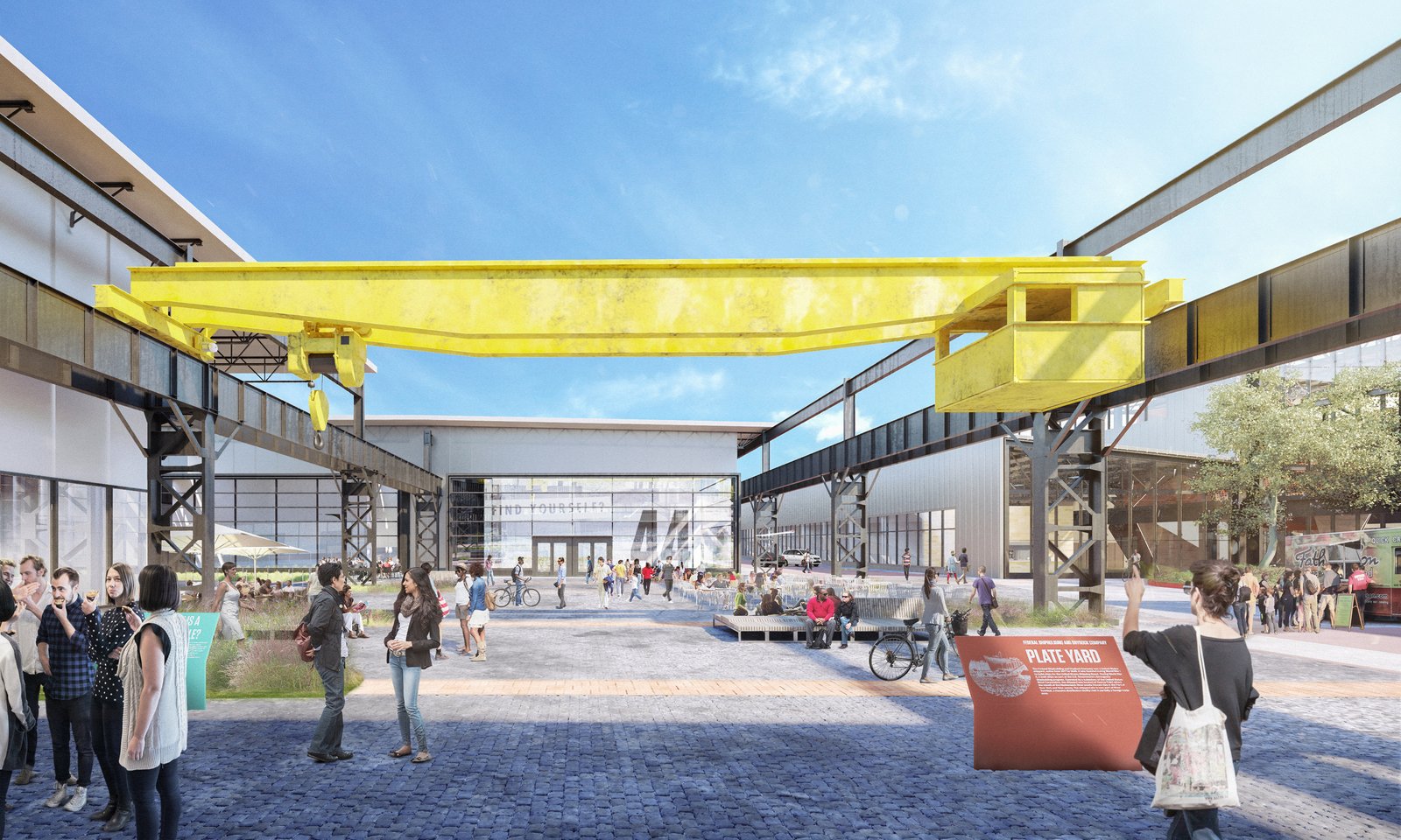 Rendering of plaza beneath yellow industrial crane, showing cobblestone paving and people gathering between buildings.