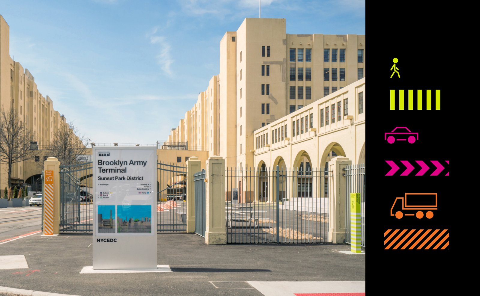 Entrance of Brooklyn Army Terminal with signage and pathway icons for pedestrians, cars, and trucks.