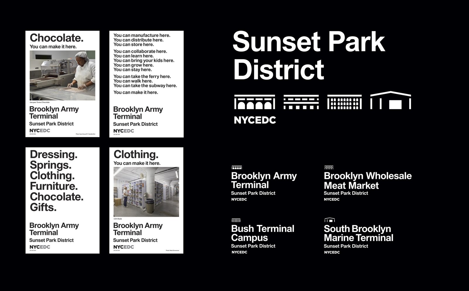 Branding posters and logos for Sunset Park District, emphasizing manufacturing and industry.