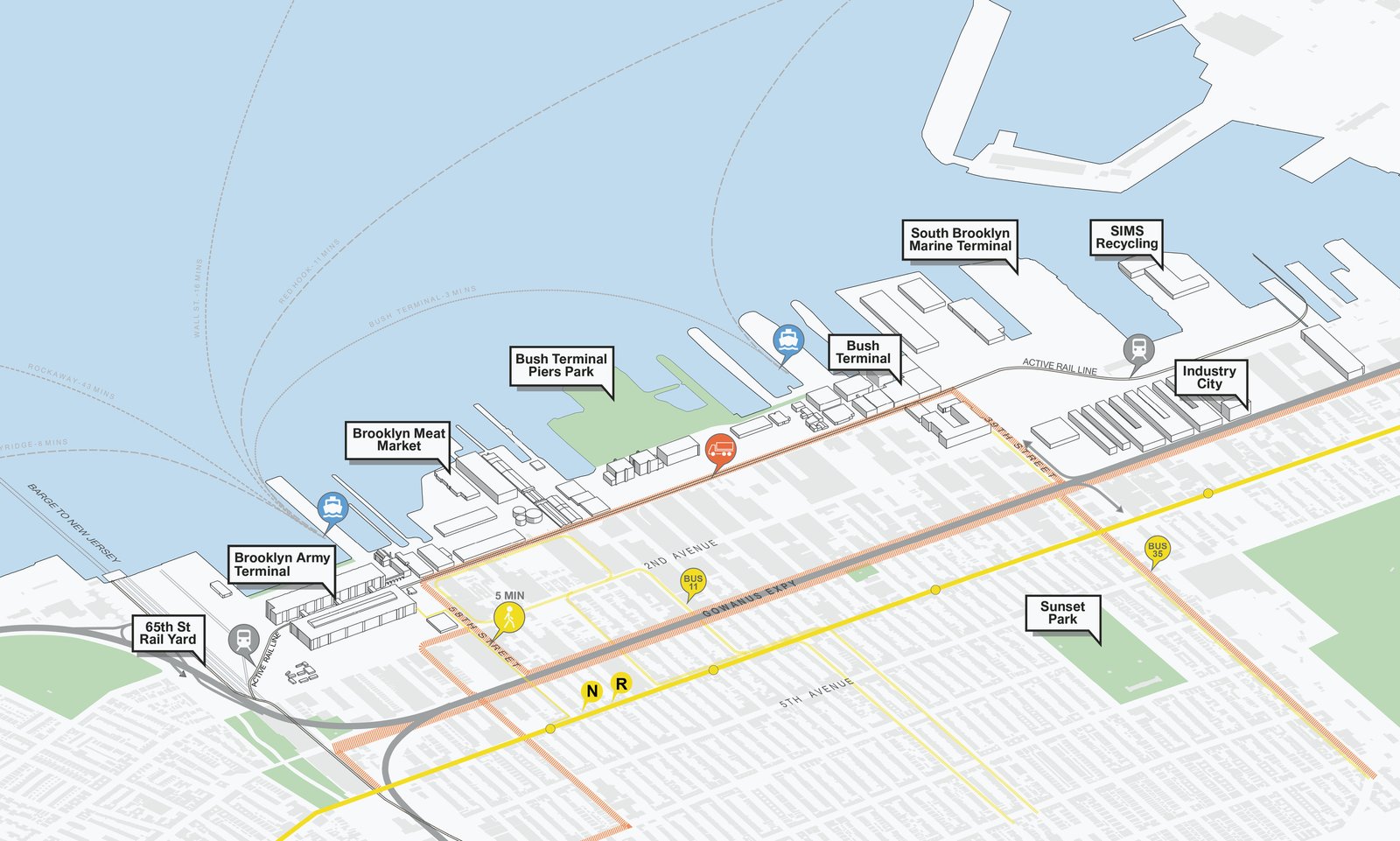 A map of Brooklyn’s waterfront area showing industrial and public sites that are part of the plan.