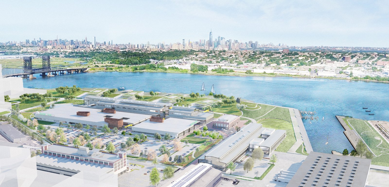 Aerial rendering of waterfront development with industrial buildings along East River, Manhattan skyline visible