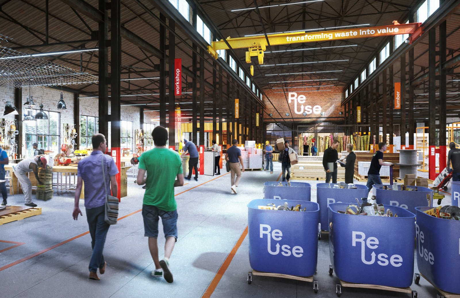 Interior of the repurposed factory showing reuse workshops and people working collaboratively.