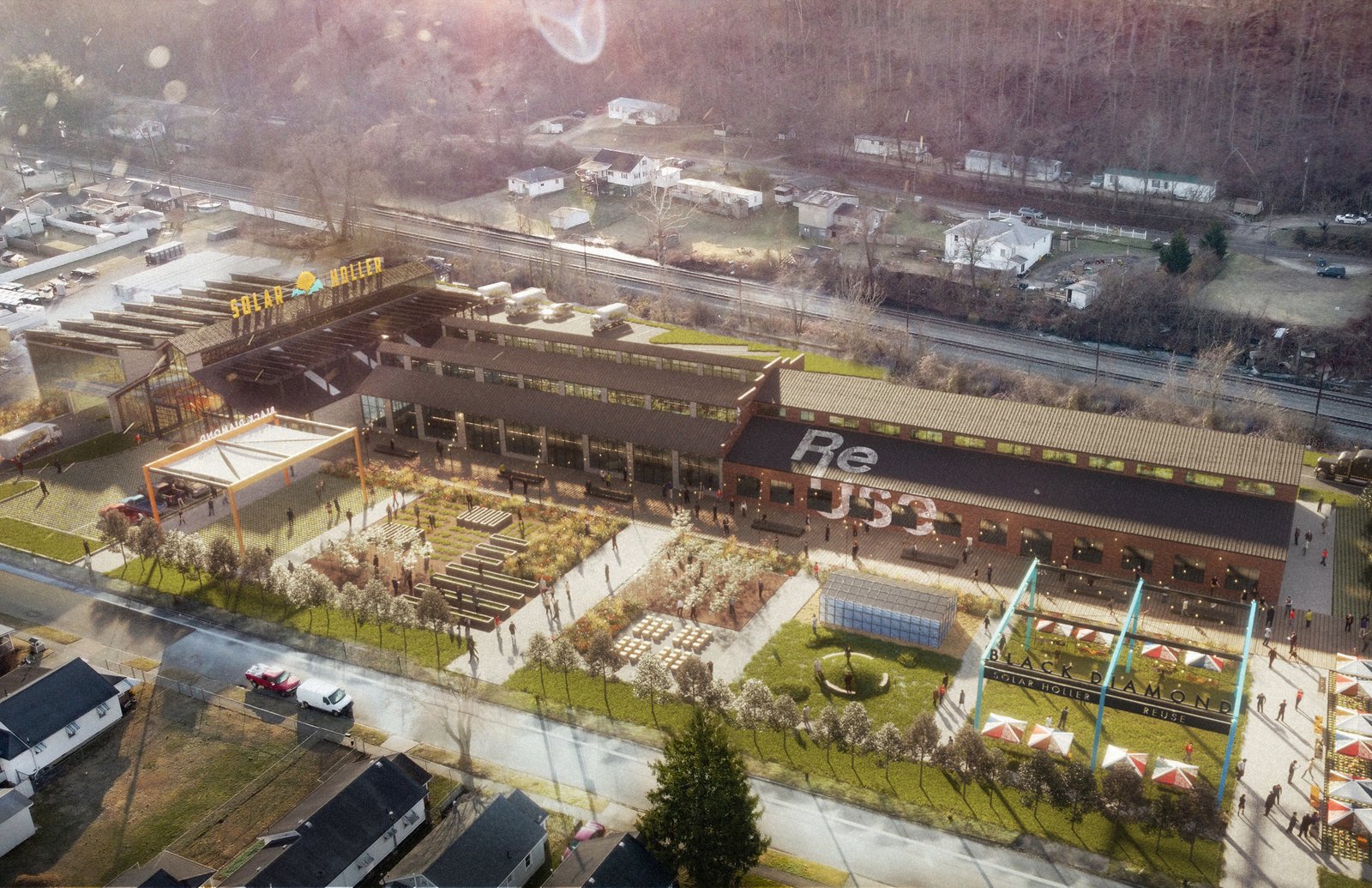 Aerial view of the Solar Holler building and surrounding gardens, featuring reused industrial materials.