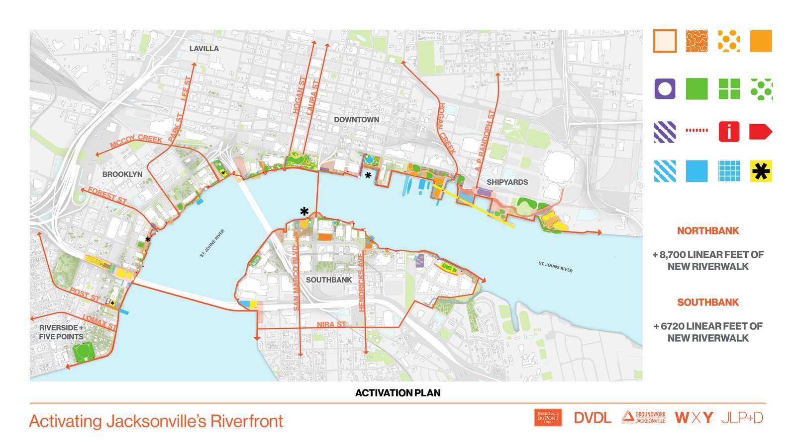 Map of Jacksonville riverfront showing activation plan and new riverwalk.