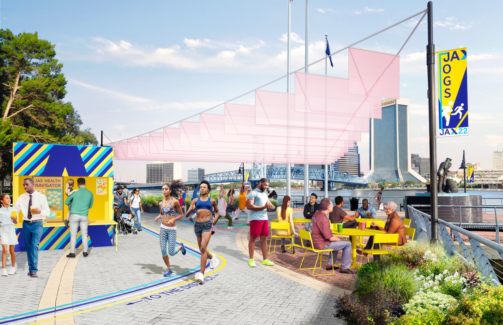 People jogging, dining, and interacting at Jacksonville's riverfront activation area.